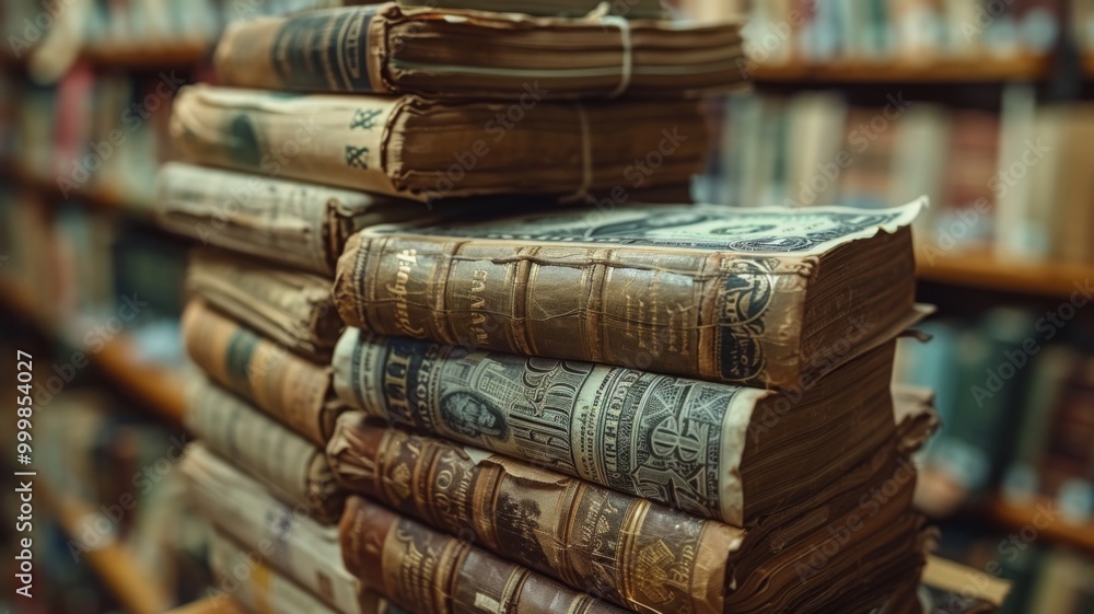 Aged Books Stack in Antique Library Setting Aged Books Stack in Antique Library Setting