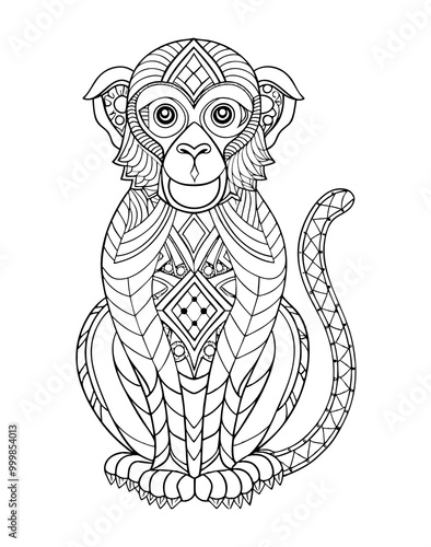 zentangle monkey coloring page for children