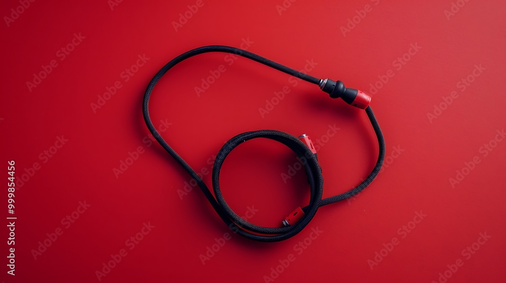 Skipping rope on red background flat lay Skipping rope on red background flat lay