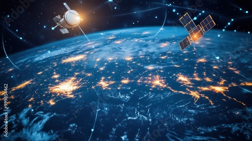 Satellite IoT communication, with satellites linked to IoT devices worldwide, visualizing data transfer for global connectivity. photo