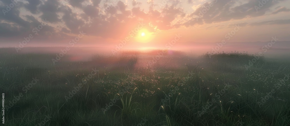 Naklejka premium Foggy Sunrise On A Field With Cloudy Sky