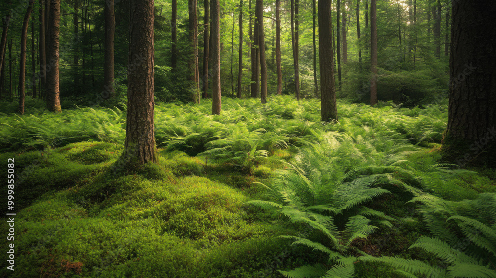 Obraz premium Lush green ferns and moss covering the forest floor in a tranquil, shaded woodland