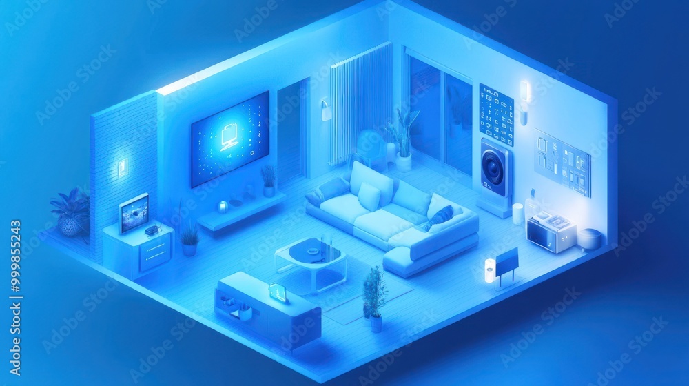 Smart home technology with connected devices, such as thermostats, lights, and speakers, all controlled wirelessly. Smart home technology with connected devices, such as thermostats, lights, and speakers, all controlled wirelessly.