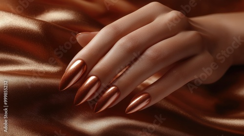 Wallpaper Mural Detailed image of a mannequin's hand with gel nails in a metallic copper shade, no logo, focus on the rich, warm tone, no people. Torontodigital.ca