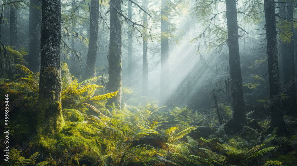Ferns and moss in a misty, enchanted forest with gentle sunlight filtering through the trees Ferns and moss in a misty, enchanted forest with gentle sunlight filtering through the trees