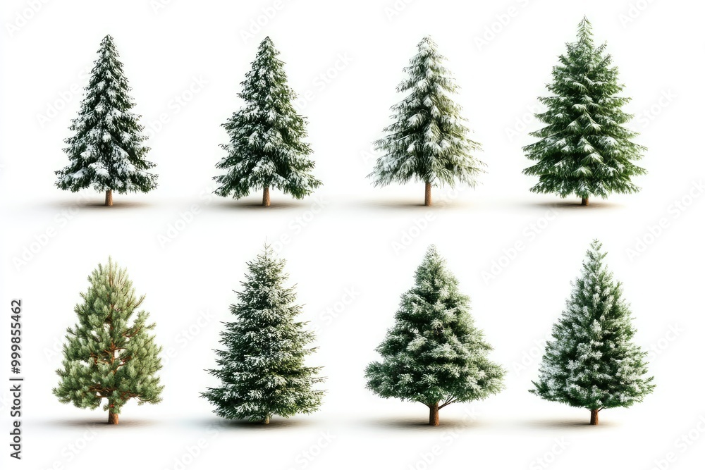 Fototapeta premium Eight Snow-Covered Pine Trees Isolated on White Background