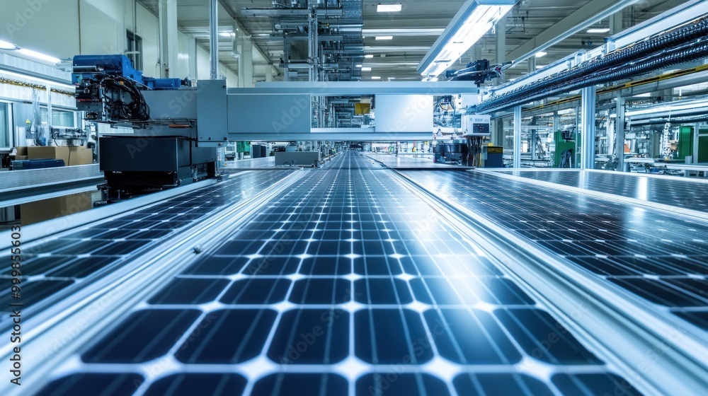Fototapeta premium Solar panel manufacturing equipment, including laminators and cutting machines, highlighting the production of sustainable energy components.