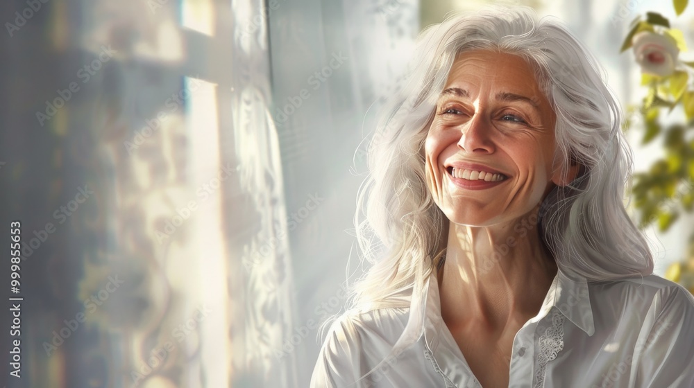 A realistic, detailed image of a joyful older woman with white hair and a white shirt A realistic, detailed image of a joyful older woman with white hair and a white shirt