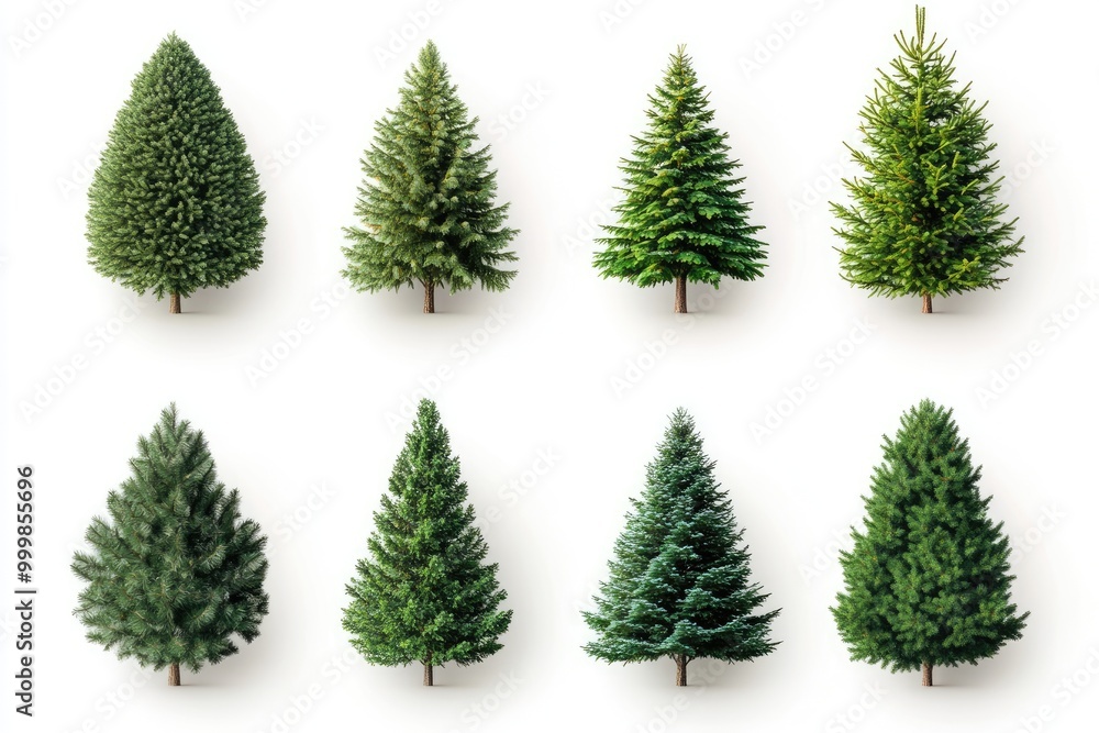 Eight Green Evergreen Coniferous Trees Isolated on White Background Eight Green Evergreen Coniferous Trees Isolated on White Background