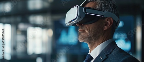 Businessman wearing VR headset in modern office setting.