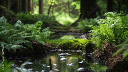 A tranquil scene of ferns and moss beside a small, peaceful woodland pond