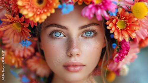 Closeup of a young woman with blue eyes and vibrant floral headpiece