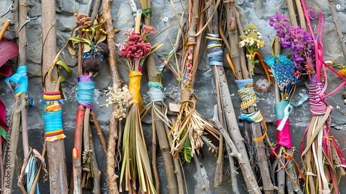 sticks decorated with various twigs for palm sunday processions photo