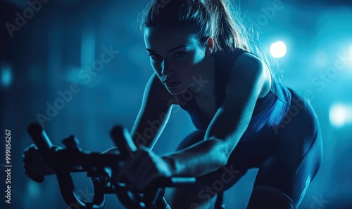 Motivated Woman on Exercise Bike in Blue Light photo