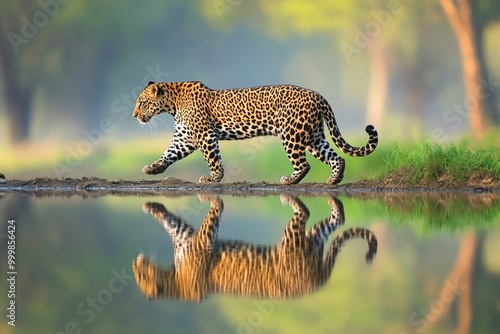 Indian wild male leopard or panther walking with reflection at waterhole during monsoon green season outdoor wildlife safari at jhalana leopard reserve jaipur rajasthan india -generative ai