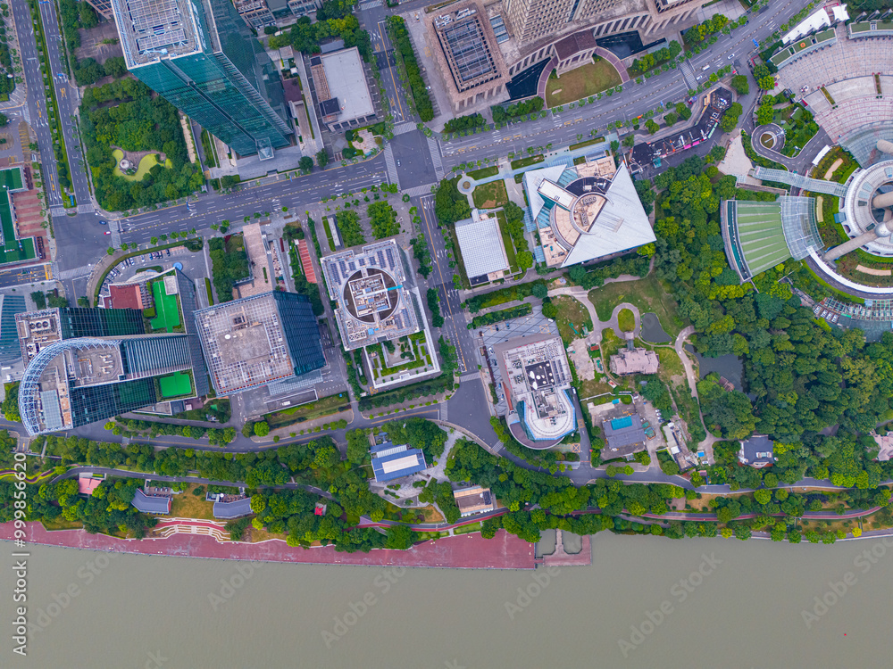 Aerial view of modern city skyline and buildings at sunrise in Shanghai Aerial view of modern city skyline and buildings at sunrise in Shanghai