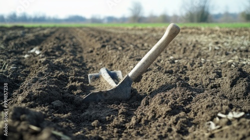 Traditional plowing tools such as ox-drawn plows and handheld plows, showing how soil is prepared before planting. photo