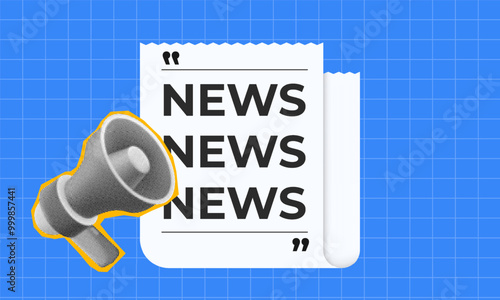Modern Design halftone collage, Megaphone with a newspaper headline displaying News. Ideal for news updates, announcements, and media coverage