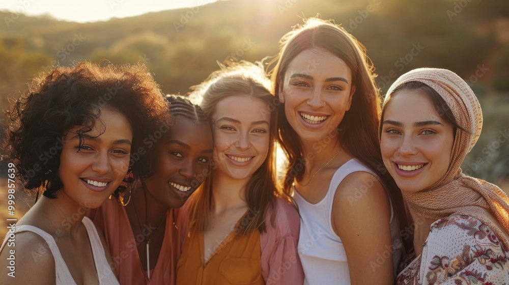 Group of diverse young women, all smiling and standing closely Group of diverse young women, all smiling and standing closely