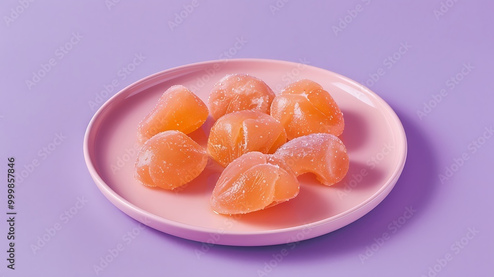 Sweet and delicious candied quince fruits on a pink plate on a purple background Sweet and delicious candied quince fruits on a pink plate on a purple background