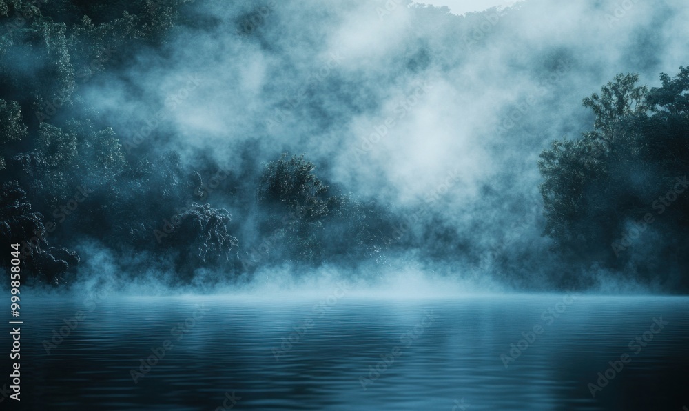 Fototapeta premium Misty forest lake at dawn with calm water and dense fog