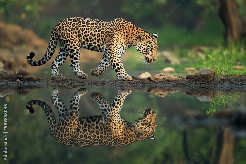 Obraz premium Indian wild male leopard or panther walking with reflection at waterhole during monsoon green season outdoor wildlife safari at jhalana leopard reserve jaipur rajasthan india -generative ai