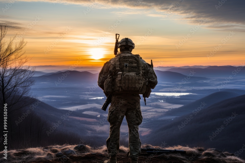 Silhouette of a soldier on a hilltop at dawn, holding a weapon against a stunning sunrise backdrop Silhouette of a soldier on a hilltop at dawn, holding a weapon against a stunning sunrise backdrop
