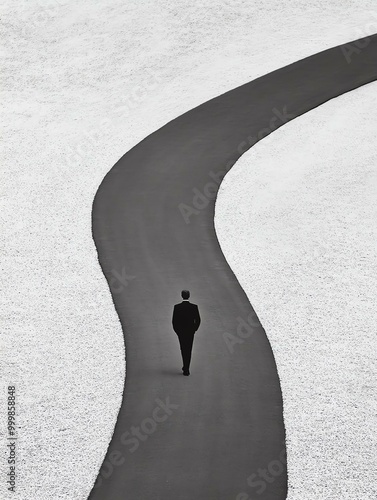 A solitary figure walks along a winding path, surrounded by a stark landscape, symbolizing introspection and the journey of life.