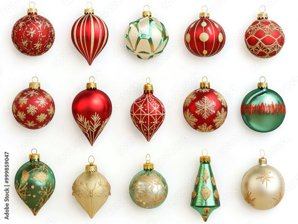 A Collection of Ornamental Christmas Baubles with Gold and Red Designs A Collection of Ornamental Christmas Baubles with Gold and Red Designs