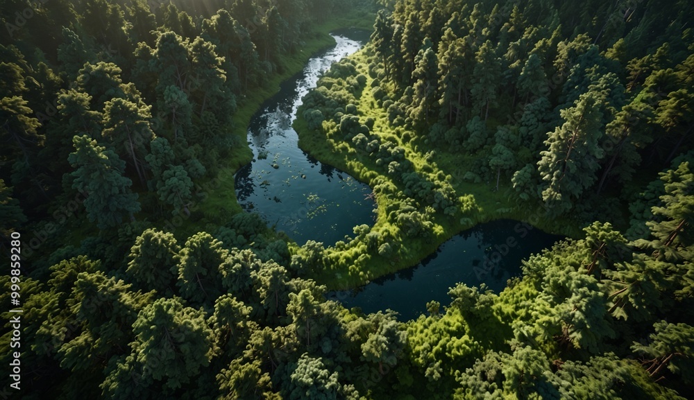 Aerial view of winding river through dense forest with lush greenery Aerial view of winding river through dense forest with lush greenery