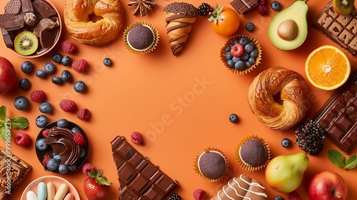 Sweets cupcakes cakes desserts fruit salads croissants chocolate eggs brownies brigadeiros chocolates petit gateaus doughnuts biscuits fruits and acai on a orange background photo