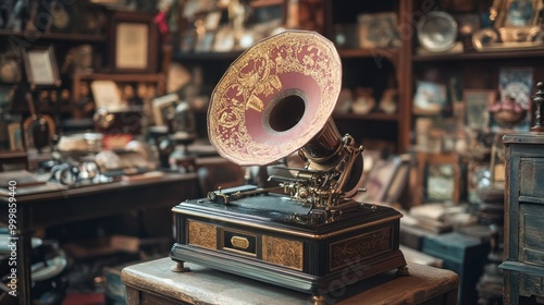 Antique Store Inventory. Old Gramophone, Sewing Machine and Other Early Twenty Century Stuf photo