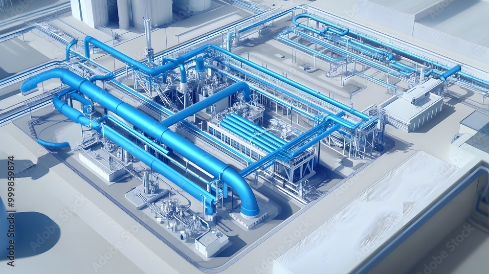 A blue and white industrial plant with pipes and a building in the background. The image is a 3D rendering of the plant A blue and white industrial plant with pipes and a building in the background. The image is a 3D rendering of the plant