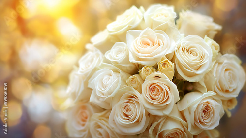 Elegant white rose bouquet with glowing bokeh lights in the background