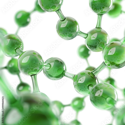 Close-up view of green molecular structures with a focus on translucent spheres linked by bonds, representing scientific research and the study of chemistry, on a white isolated ba photo