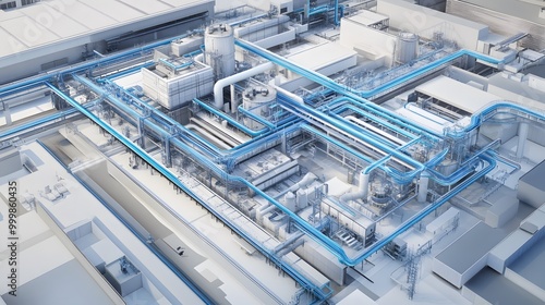 A blue and white industrial plant with pipes and a building in the background. The image is a 3D rendering of the plant