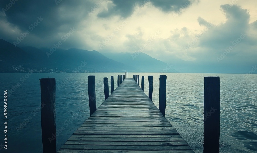 Obraz premium Misty Lakeside Pier And Mountains At Dawn