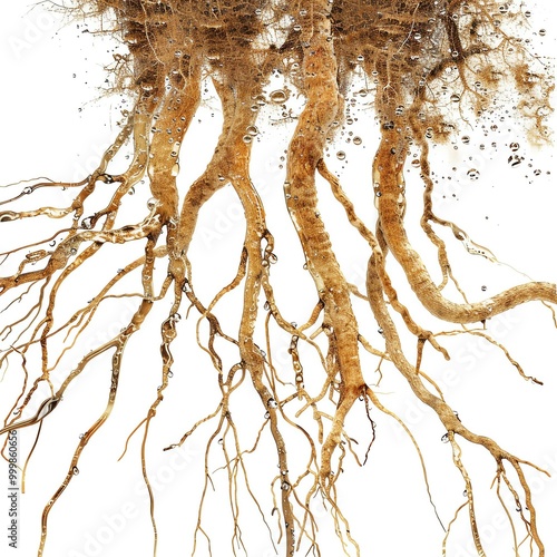 Detailed depiction of plant roots isolated on a white background, showcasing the intricate patterns and structures that anchor plants and absorb nutrients from the soil. photo