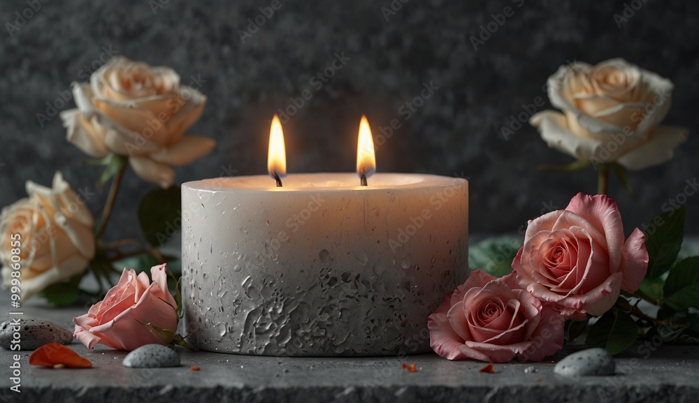Lit candle surrounded by roses on a dark, textured stone surface. Lit candle surrounded by roses on a dark, textured stone surface.