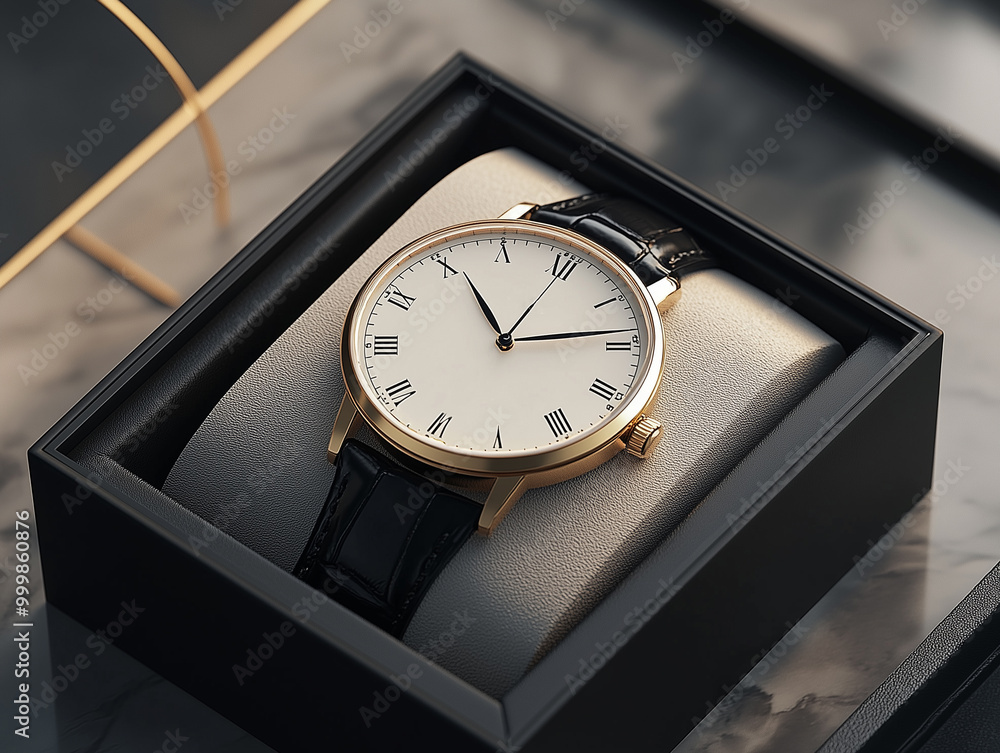 Naklejka premium A gold and black watch is displayed in a box 