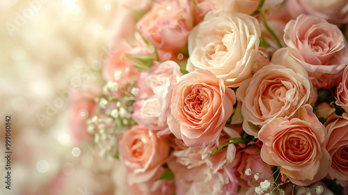  Beautiful bouquet of soft pink roses with delicate bokeh background