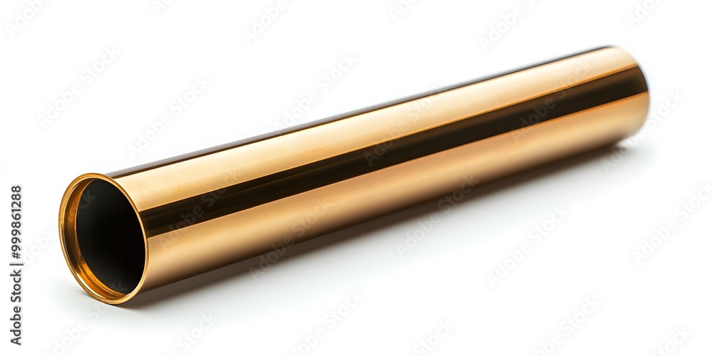 Fototapeta premium A shiny brass pipe with a warm golden hue is isolated on a white background. The diagonal composition in the product photograph highlights its reflective metallic surface and minimalist design.