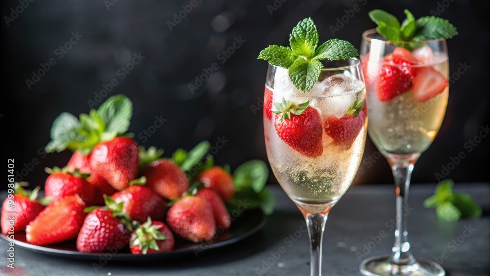 Elegant glasses of sparkling drink garnished with strawberries. Elegant glasses of sparkling drink garnished with strawberries.