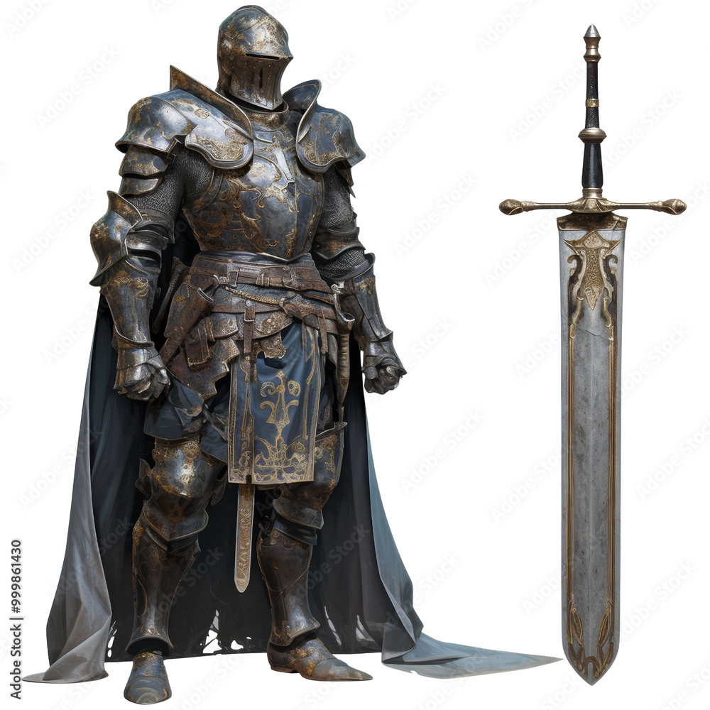 Fototapeta premium A detailed medieval knight in ornate armor stands beside a large sword, exuding strength and valor against a black backdrop.