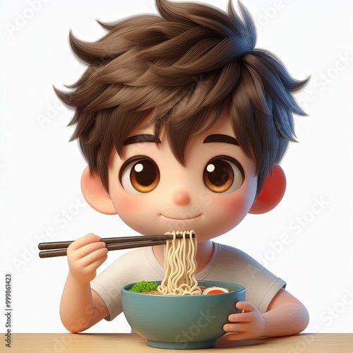 Cute Boy Eating Ramen Noodle With Chopstick , 3d Generative aI
 photo