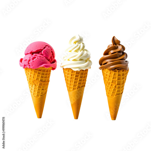 Ice Cream Trio: A delightful arrangement of three ice cream cones, showcasing a vibrant pink, creamy white, and rich chocolate flavors, invitingly displayed against a clean backdrop.   photo