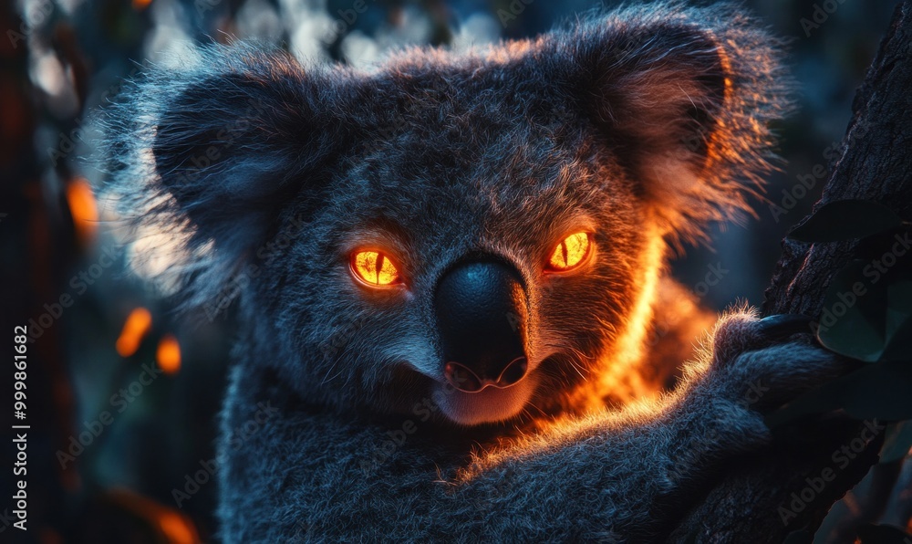 Fiery-eyed koala on tree at dusk Fiery-eyed koala on tree at dusk