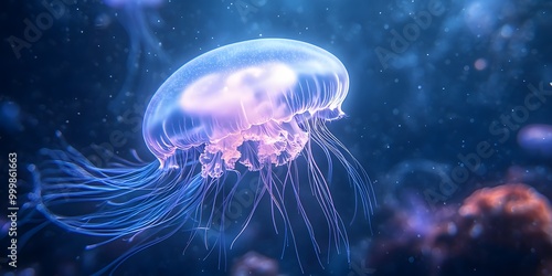 A transparent white jellyfish floats in a deep blue ocean, glowing with ethereal bioluminescence. The underwater photograph captures a surreal marine scene with delicate tentacles and soft focus.