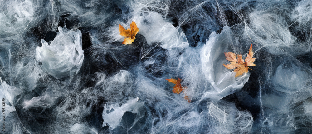 Dark autumn leaves and artificial spiders caught in tangled web strands, evoking an eerie Halloween atmosphere. Dark autumn leaves and artificial spiders caught in tangled web strands, evoking an eerie Halloween atmosphere.