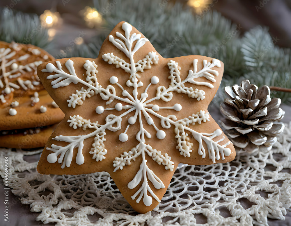 custom made wallpaper toronto digitalchristmas gingerbread cookies.a gingerbread cookie shaped like a snowflake, adorned with intricate lace-like icing designs, against a cozy holiday background.